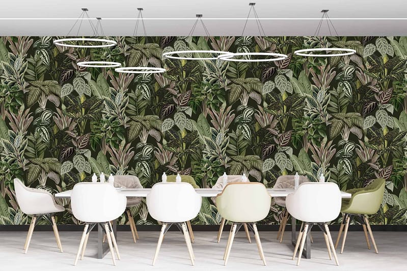The wallpaper features a vibrant green leaf pattern. Elements include various shades of green leaves, intricate vein detailing, and contrasting background. The design is dynamic and lush, adding a lively touch to the modern dining space.