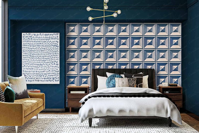 The geometric accent wall behind the bed features a striking mix of bold shapes and lines, incorporating colors such as black, white, grey, and gold. The design is modern with intersecting triangles creating a dynamic pattern that contrasts beautifully against the room's dark blue walls. The sharp lines and elegant colors of black, white, grey, and gold make this wallpaper a focal point in the room's decor.