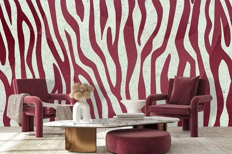 Modern living room features a bold, wavy red and white patterned wall. Elements: wavy pattern, bold design. Colors: red, white.