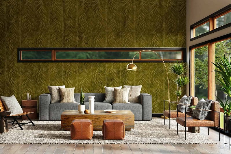 The wallpaper features an **olive green herringbone pattern**. Key elements include:
- Color: **Olive green**
- Design: **Herringbone pattern**