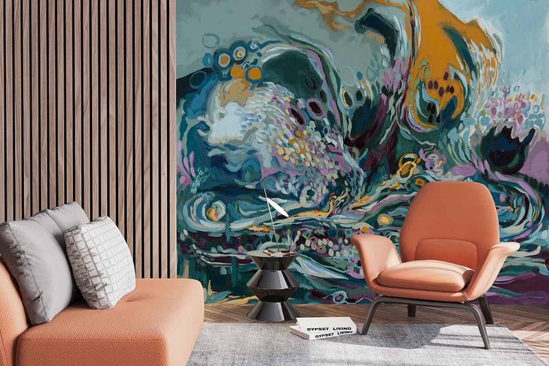 Colorful abstract mural featuring swirling patterns in blue, purple, and orange. Resembling water with intricate designs.
