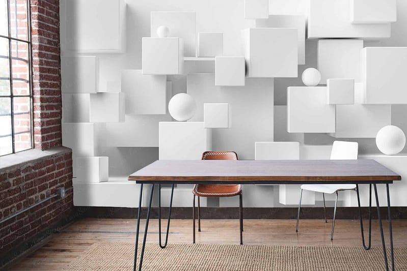 The wallpaper features an abstract 3D design with white cubes and spheres.