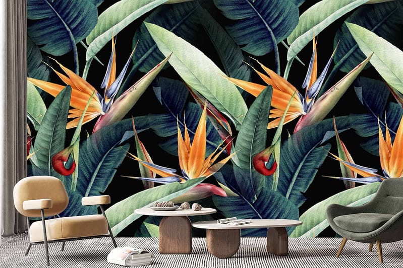 Vibrant tropical mural, large green leaves, striking orange bird-of-paradise flowers, black background, bold and lively atmosphere.