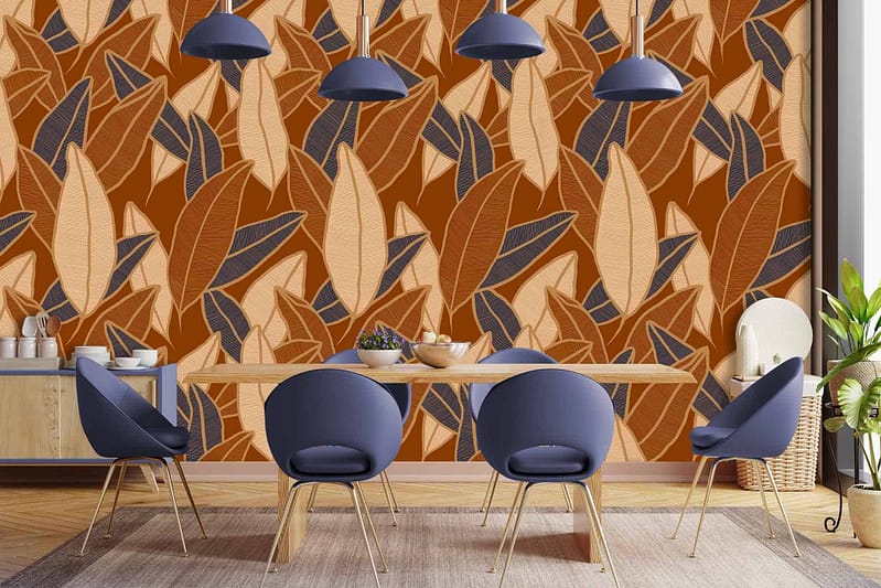 The wallpaper features a vibrant leaf-patterned design with shades of orange and brown. The elements include detailed leaves in varying shades of earthy orange tones, complemented by deep brown accents creating an intricate, lively pattern on the wall.