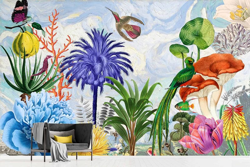 A colorful mural featuring vibrant tropical plants, flowers, and birds. Exotic blooms in vivid hues fill the scene. Whimsical sky adds a dreamy background. Lush green foliage with bursts of red, pink, yellow, and blue creating a lively ambiance.