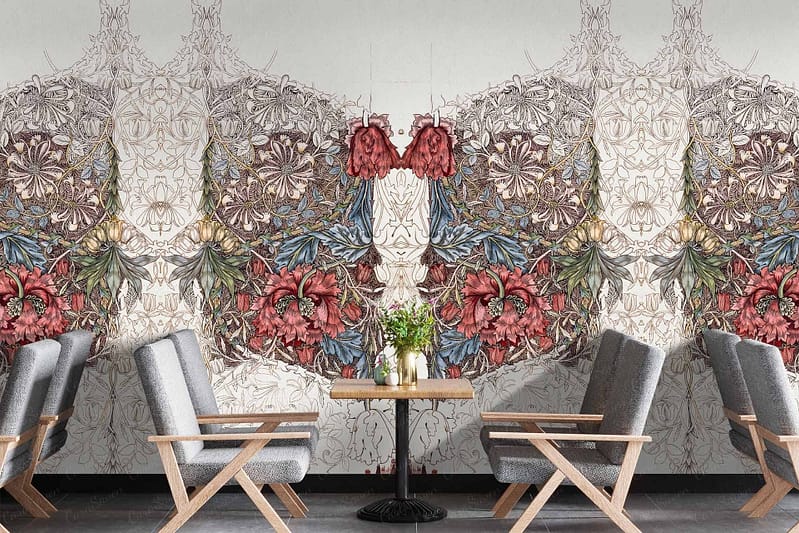 The wallpaper features a detailed floral mural with intricate patterns. The hues are primarily red, green, and beige. The design showcases an array of flowers and leaves, creating a rich tapestry of natural elements.