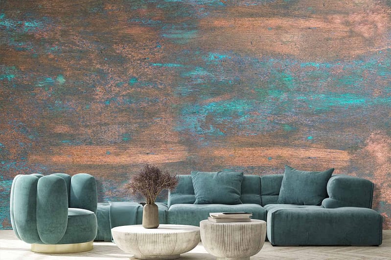 The wallpaper features a spiced teal and copper texture, combining rich teal hues with metallic copper accents for an elegant backdrop.