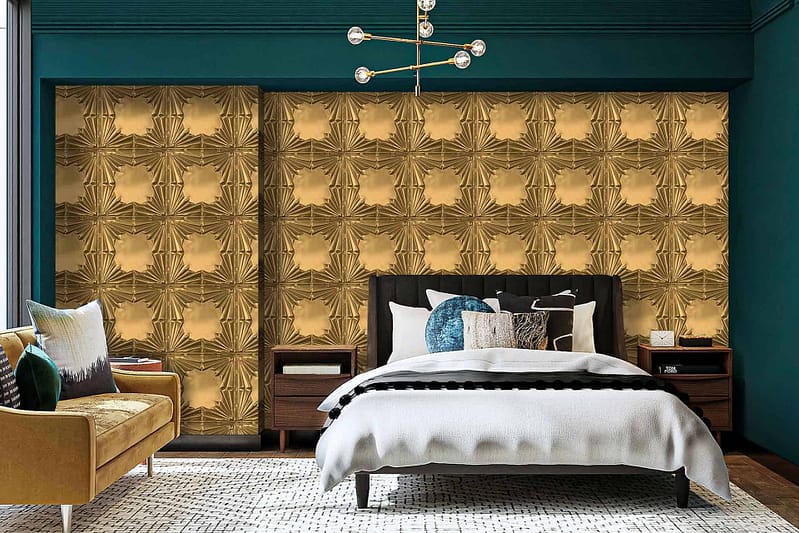 The wallpaper is a unique gold geometric patterned accent wall.
