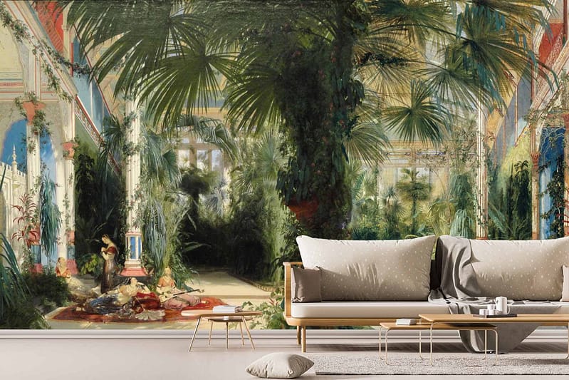 A realistic wall mural featuring a lush indoor garden with towering palm trees and an abundance of leafy plants. Green foliage, shades of dark and light greens, textured palm fronds, intricate leaf patterns, and tropical elements dominate the wallpaper design.