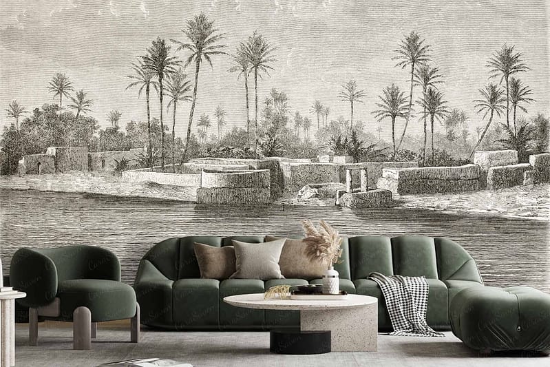 The wallpaper features a detailed monochrome sketch of an ancient riverside village with palm trees and stone structures.