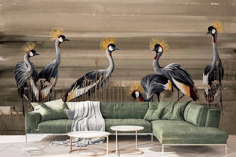 The wallpaper showcases a large mural of crowned cranes standing gracefully in various poses. The background is muted and earthy tones. Key elements include the crowned cranes and their distinctive postures.