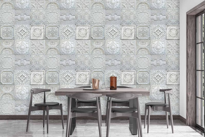 The wallpaper features intricate patterned tiles in shades of light gray and blue.