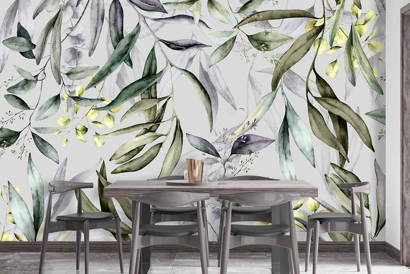 Large, colorful wall mural with green leaves, yellow leaves, gray leaves. Vibrant and natural touch. Modern space background element.