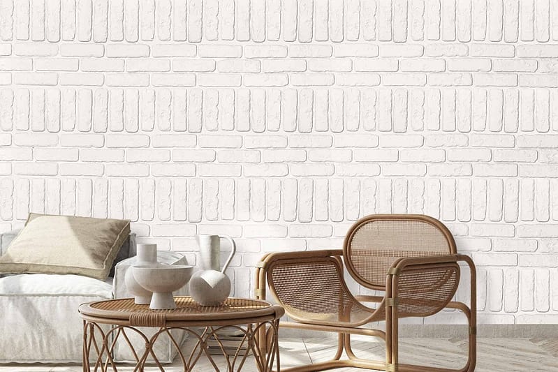 The wallpaper features a white brick design.