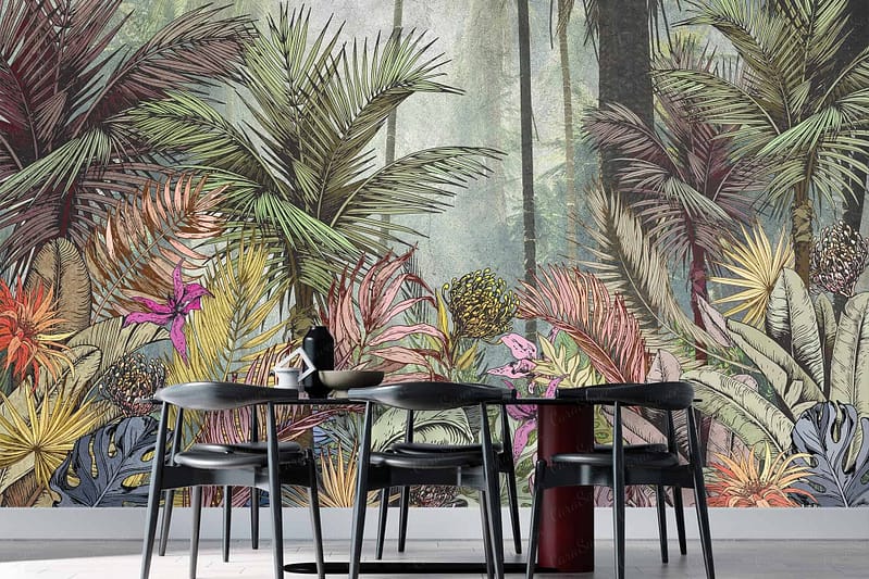 The wallpaper features a vibrant, Arabesque-inspired mural with colorful, detailed elements including palm leaves and tropical plants. The design is lively and exotic, showcasing a rich palette of greens, blues, reds, oranges, and yellows.