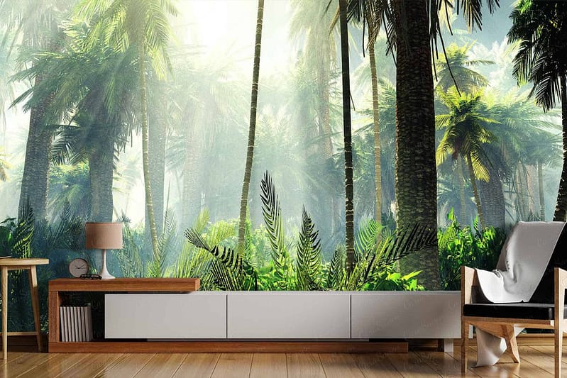 The living room's wall mural displays a lush, sunlit rainforest scene with tall trees, dense green foliage, and bright sunlight filtering through. Key elements include various shades of green from the leaves and plants, brown trunks of the tall trees, and golden sunlight creates highlights throughout.