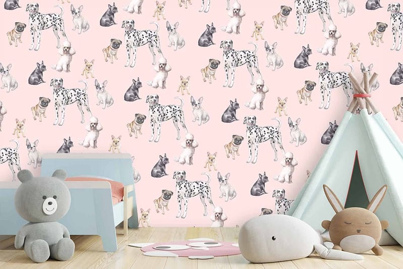 The children's room wallpaper is pink and features various dog illustrations.