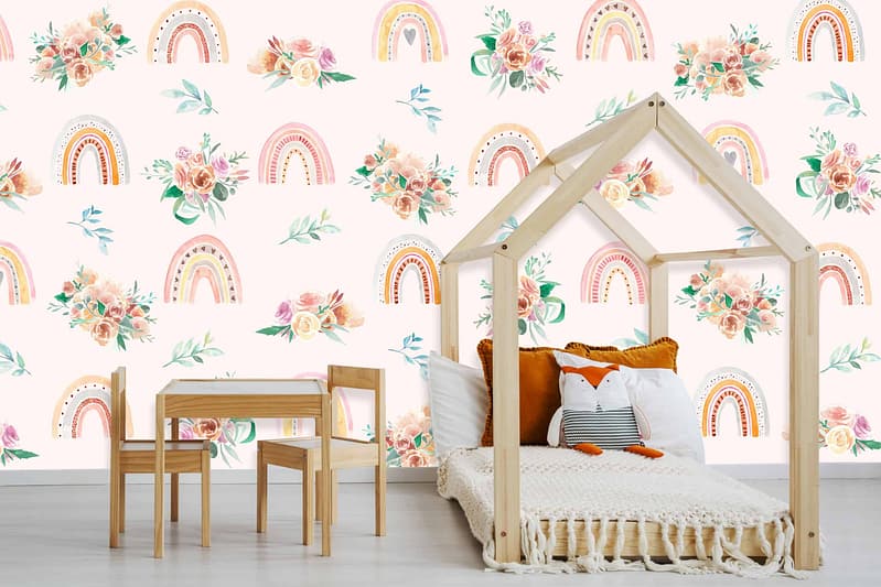 Pastel rainbows and floral patterns.