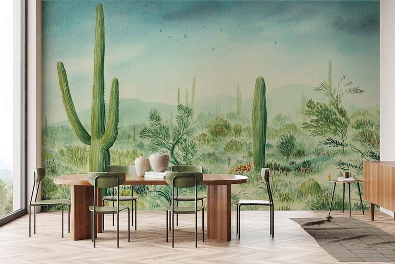 A large mural of a desert landscape featuring cacti and greenery. Key elements: desert, cacti, greenery. Main colors: sand tones, green highlights.