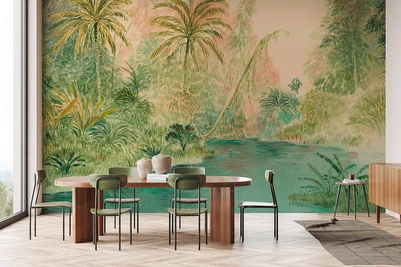 Artistic mural featuring lush tropical forest, vibrant green foliage, serene water scene, large trees, rich green hues, natural elements.