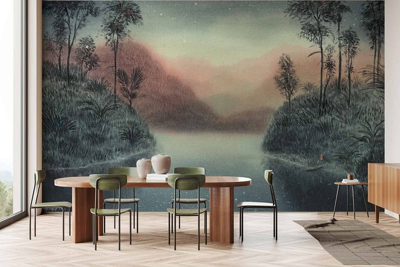 The wallpaper in the minimalist dining room features a scenic mural depicting a tranquil lake, misty mountains, and lush greenery. Key elements include water, mountains, trees, and an exploration theme. Colors present are green, blue, gray, and natural earth tones.