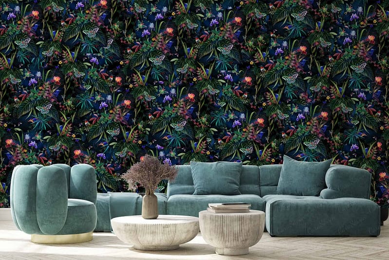 The wallpaper features a dark, colorful floral design with intricate patterns that exude timeless elegance. Elements include detailed blooms, graceful vines, and ornate leaves in hues of deep teal, rich emerald green, royal purple, burnt orange, and hints of gold. The elaborate artistry creates a sense of depth and sophistication against the dark background.