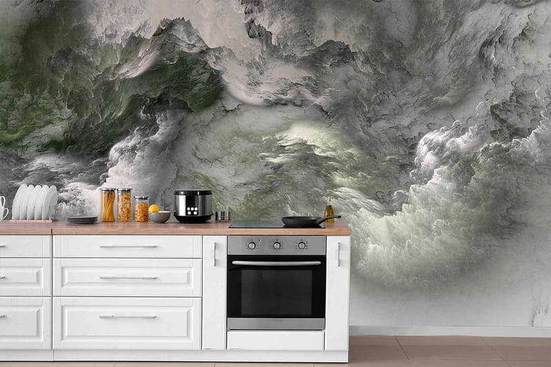A modern kitchen features a striking backsplash with a stormy abstract design, blending shades of green, gray, and white.