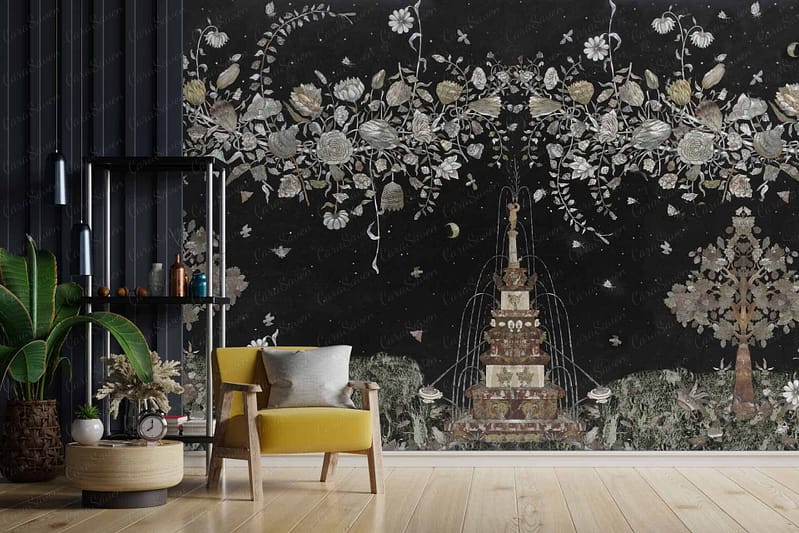 The wallpaper is black with an intricate, mystical floral and garden design featuring a tree and a tiered fountain.
