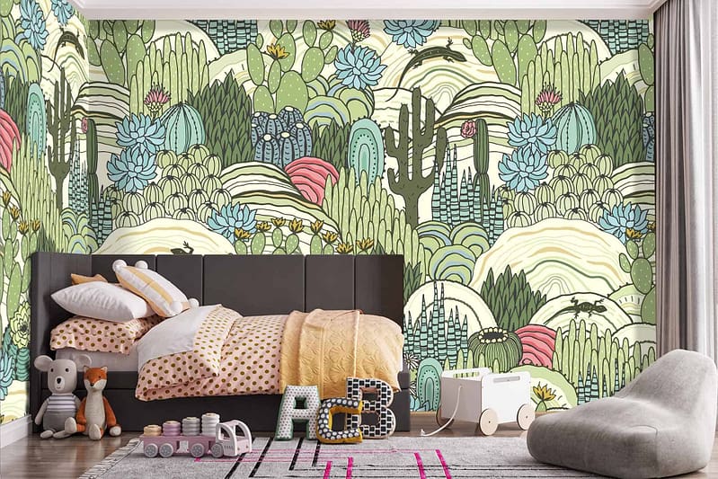Colorful desert-themed wallpaper features cacti, succulents, and landscape illustrations in warm tones. Vivid colors include green for cacti and succulents, sandy browns, yellows for sunshine warmth, and hints of blues and oranges to add vibrancy to the desert scene.