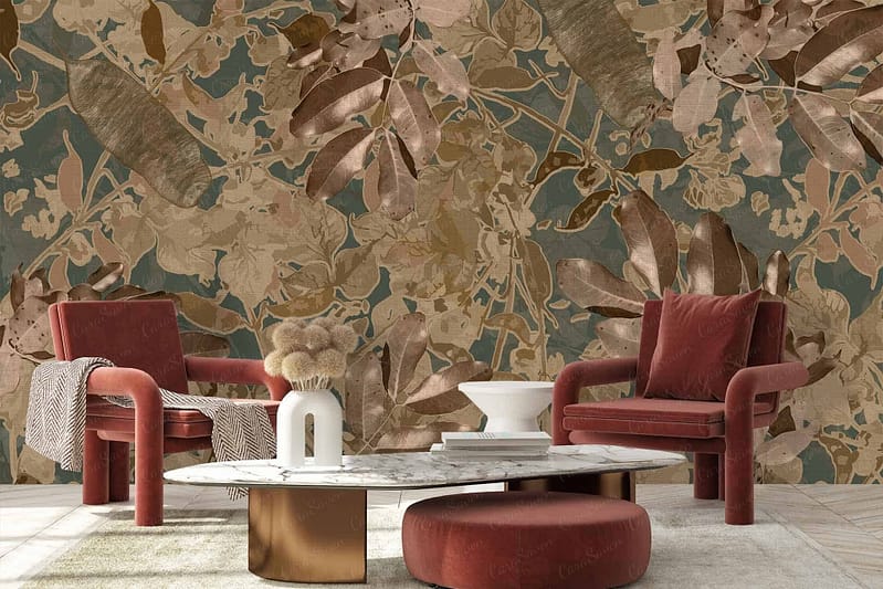The wallpaper features a bold, earthy-toned botanical print with rich greens, deep browns, muted golds, and subtle hints of burgundy.