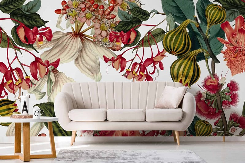 The wallpaper features a bold botanical design with large, colorful flowers and lush green leaves. It showcases vibrant hues including shades of red, pink, yellow, blue, and green against a dramatic backdrop. Key elements include oversized blossoms and verdant foliage intricately detailed for a striking visual impact.