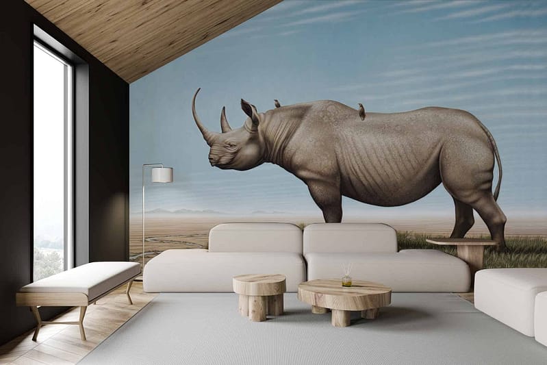 A large, realistic wall mural of a Black Rhino in a natural landscape. The wallpaper features earthy tones with hues of brown, green, and gray showcasing the rhino in its habitat. Elements include detailed textures of the rhino's skin and natural scenery like savannah grass, trees, and possibly distant mountains or sky patterning in neutral colors.