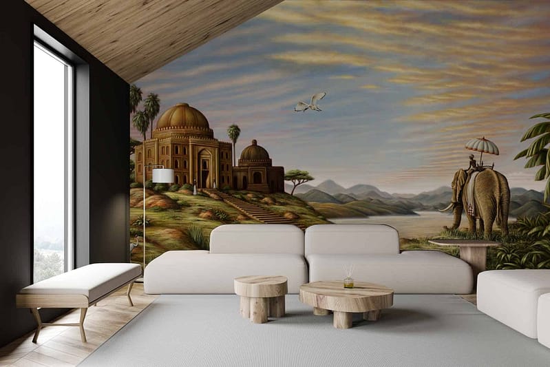 Scenic mural wallpaper features a historic building, elephant with umbrella, rolling hills, and cloudy sky. Colors include shades of gray, muted greens, blues, and earthy tones.