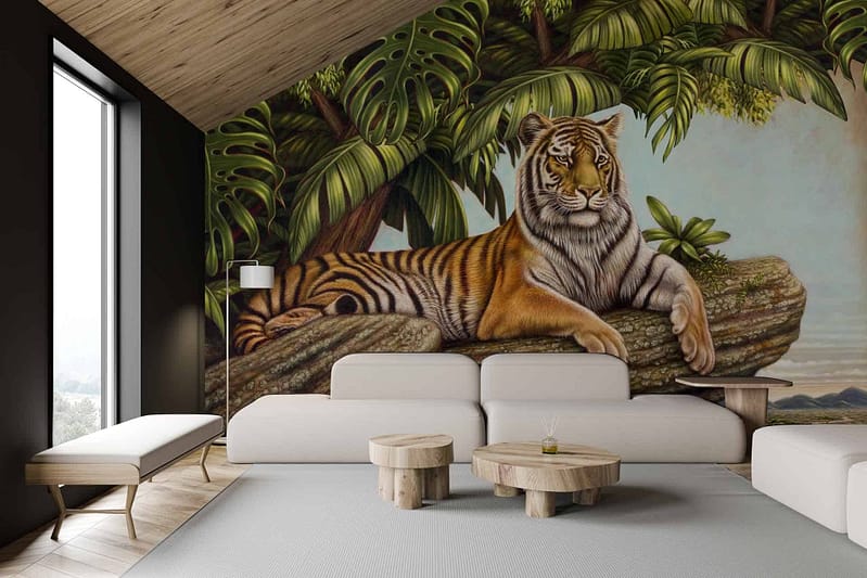 The wallpaper features a stunning mural of a tiger lounging on a tree branch amid lush greenery, accented with shades of green, brown, and orange. Inset within the mural is an image of a majestic black rhino. The vibrant colors and detailed wildlife create a captivating visual focal point in the room.
