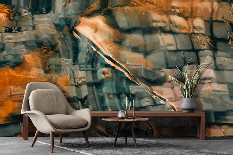 Striking abstract wallpaper, vibrant swirls, orange hues, green hues, resembling marble.