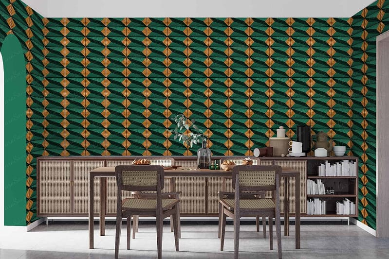 The dining room features a geometric patterned wallpaper in vibrant green and orange shades. The design incorporates interlocking shapes, creating a dynamic visual effect with its bold colors.