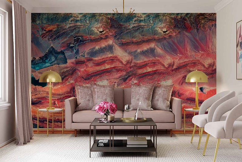 A vibrant abstract wall mural featuring bold red and blue hues.