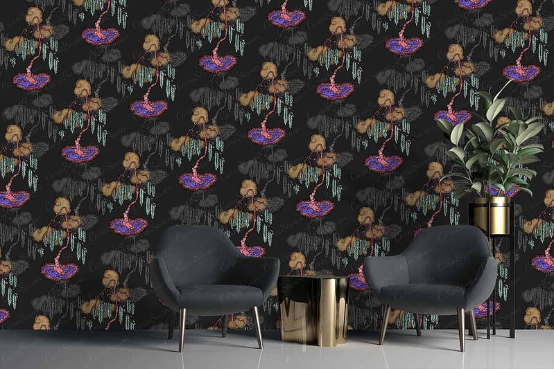 Modern living space wallpaper features dark floral patterns with rich colors. It showcases deep burgundy roses, lush green foliage, and hints of gold accents. The intricate design also includes delicate white blossoms intertwined with midnight blue leaves, all set against a charcoal black background.