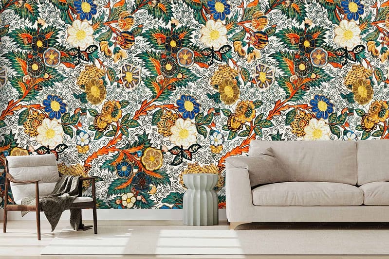 Brightly colored floral wallpaper with intricate patterns of various flowers and leaves in vibrant shades of yellow, orange, green, and blue.