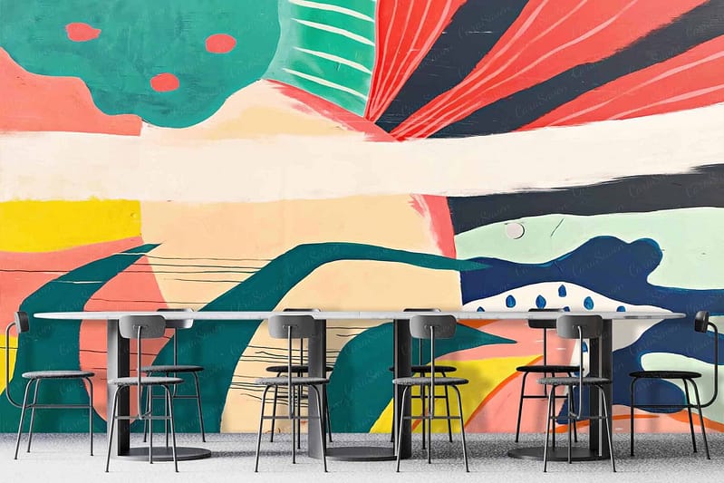 A vibrant, abstract mural in Sadie's unique artistic style features bold colors including red, green, yellow, and blue. The mural consists of organic shapes and patterns creating a lively background.