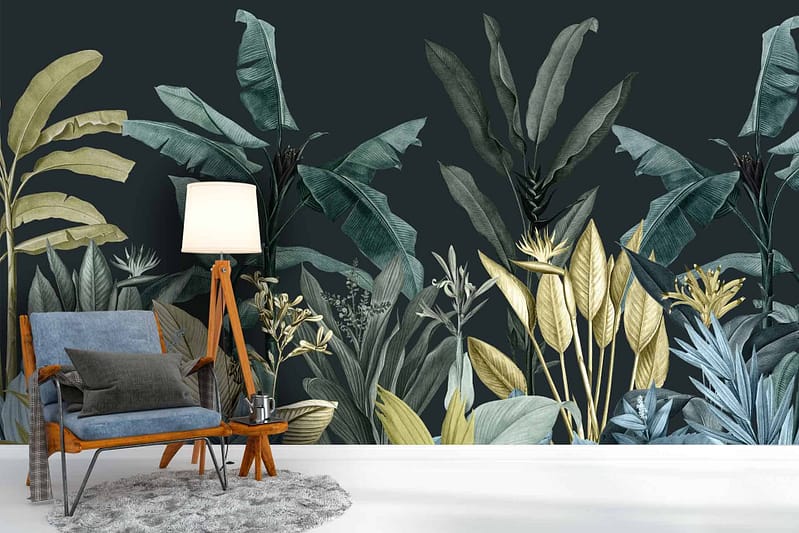 The living room's wallpaper showcases a tropical theme with large green and yellow banana leaves and various foliage.