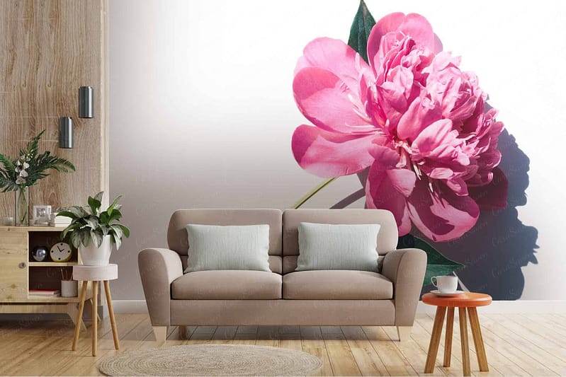 The wallpaper features a large, vivid mural of a pink peony flower with green leaves, curated by Sadie.