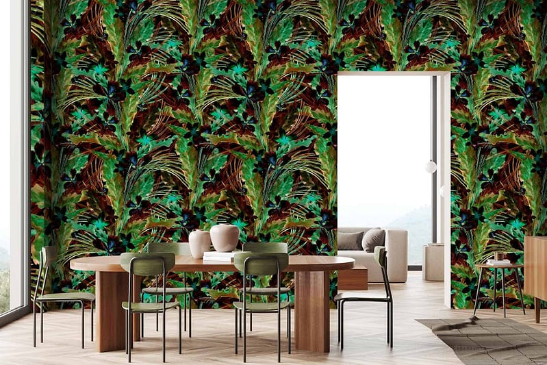 The modern dining room features a vibrant, leafy green patterned wallpaper. The wallpaper showcases an array of lush foliage in multiple shades of green, including emerald, lime, and olive, interspersed with delicate white accents. It creates a lively and refreshing backdrop with intricate leaf designs that evoke a tropical ambiance. The mix of bold green hues paired with fine white detailing ensures the wallpaper stands out as a key decorative element in the room.
