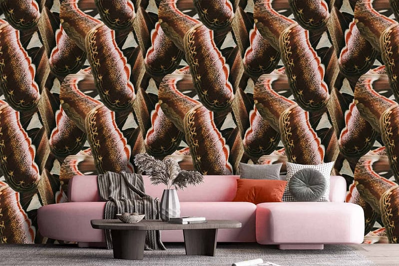Striking chrysalis wallpaper with a bold brown and cream pattern.