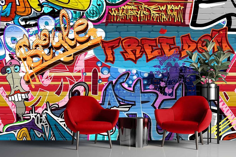 Vibrant, graffiti-covered wallpaper with colorful street art. Features shapes, characters, and bold text in bright hues. Dominated by a mix of reds, blues, yellows, greens, purples.
