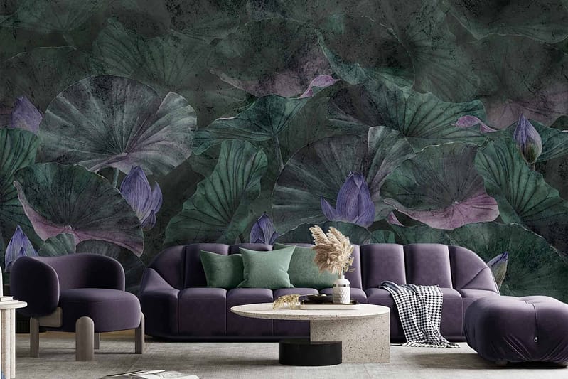 A modern living room features a dark leafy mural with hints of purple, reminiscent of Song Of Songs. The wallpaper includes elements of dark leaves and subtle purple accents.
