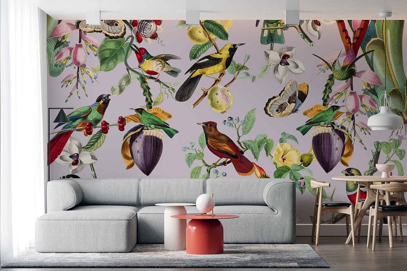The wallpaper features a vibrant mural of colorful birds and flowers. Key elements include various bird species in bright hues and an array of vividly colored flowers, creating an artistic and lively atmosphere.