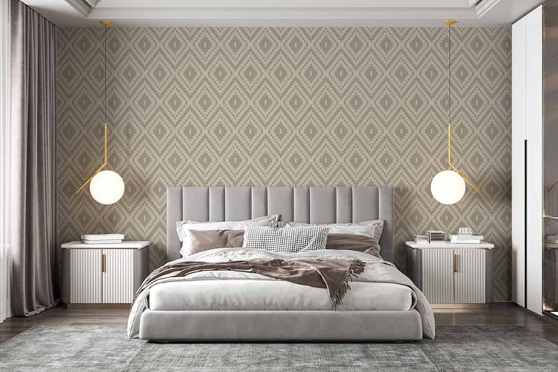 The wallpaper features a geometric pattern with interconnected lines and shapes. It includes shades of gray, white, and soft gold, creating a modern yet subtle backdrop. This design is ideal for diffusing morning light through its intricate detailing.