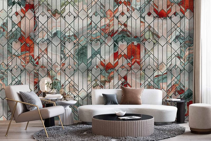 The wallpaper in the modern living room showcases a striking geometric pattern in vibrant shades of red, green, and white.