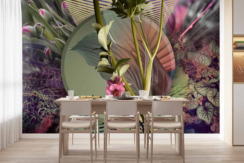 Striking wall mural featuring a colorful collage of tropical foliage and abstract patterns. Elements include vibrant green leaves, bold pink flowers, deep blue accents, and splashes of orange and yellow. Artistic design blends natural motifs with geometric shapes for a modern touch.